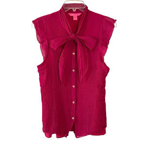 LILLY PULITZER Women's Size Large Fuchsia Pink Silk Bow Tie Button-Up Lined Top